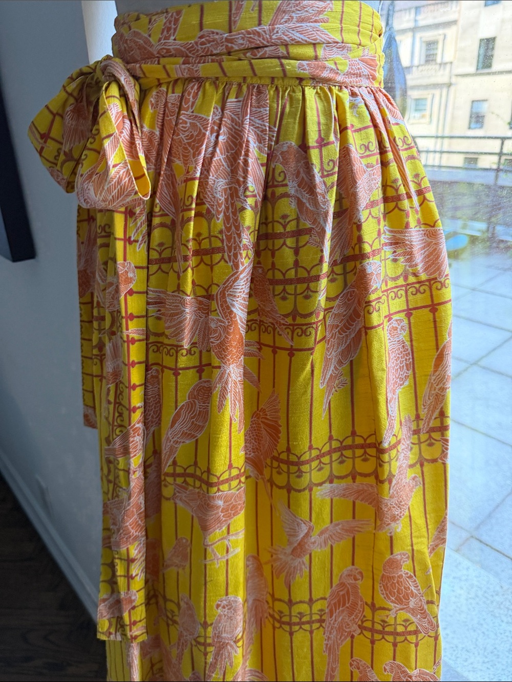NWT Coniglio silk wrap Yellow Bird-Print Tie-Waist Maxi Skirt - Picture 2 of 5